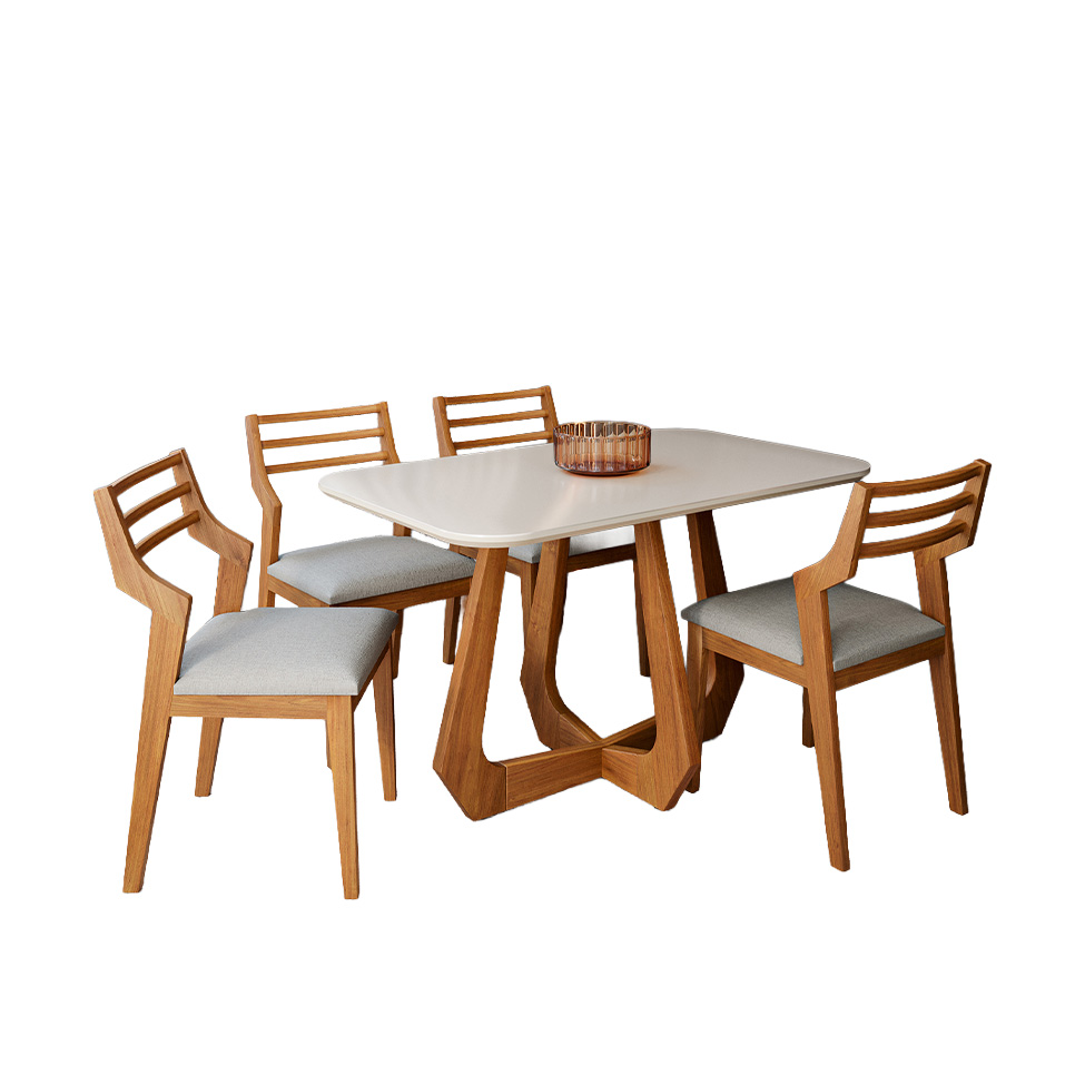 Conjunto de Mesa Retangular com Tampo de Vidro Off White Bromélia e 4 Cadeiras Damasco Linho Cinza e Madeira 130 cm