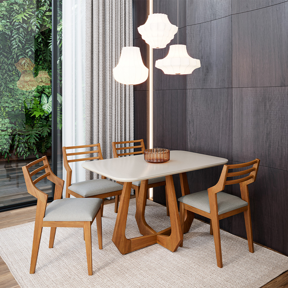 Conjunto de Mesa Retangular com Tampo de Vidro Off White Bromélia e 4 Cadeiras Damasco Linho Cinza e Madeira 130 cm