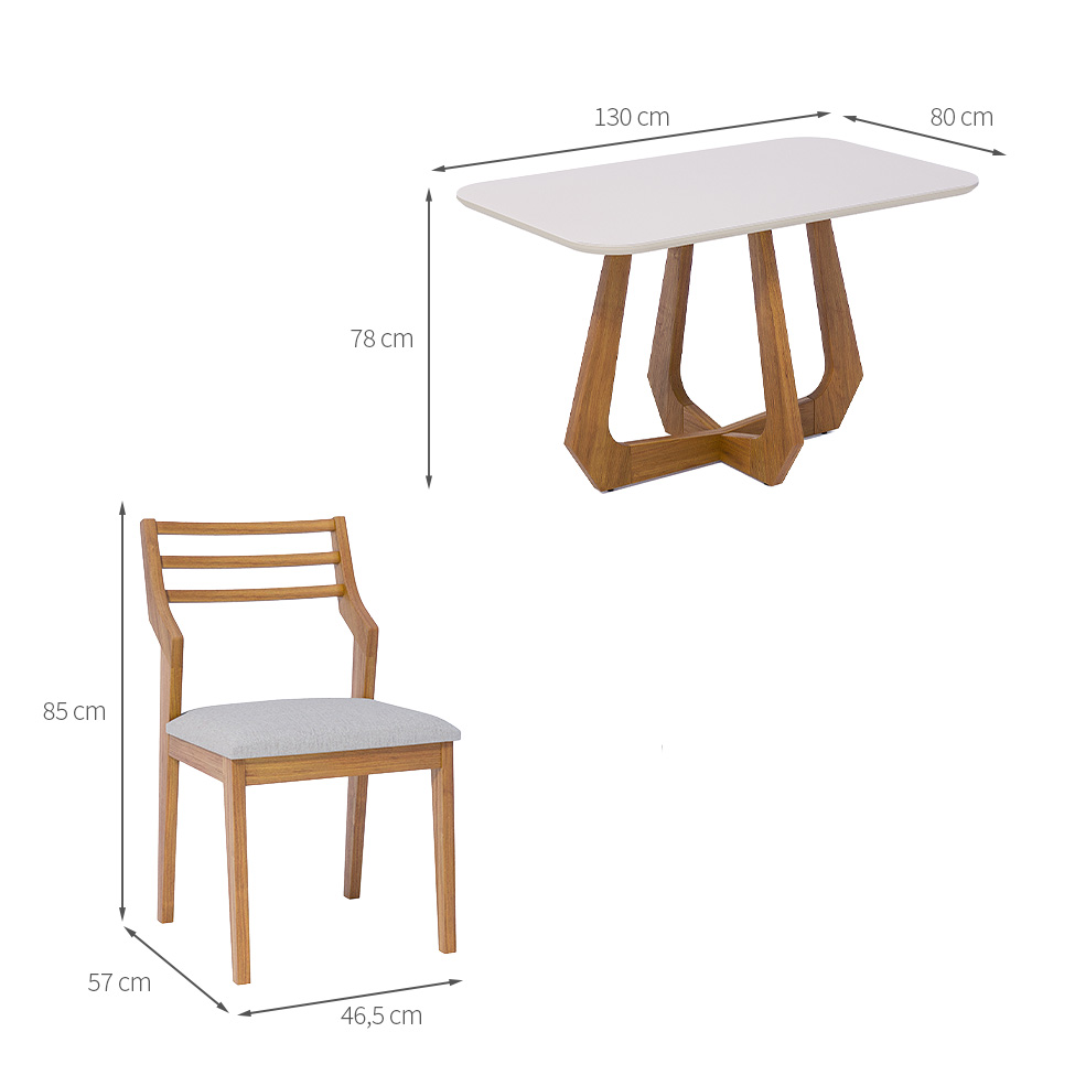 Conjunto de Mesa Retangular com Tampo de Vidro Off White Bromélia e 4 Cadeiras Damasco Linho Cinza e Madeira 130 cm