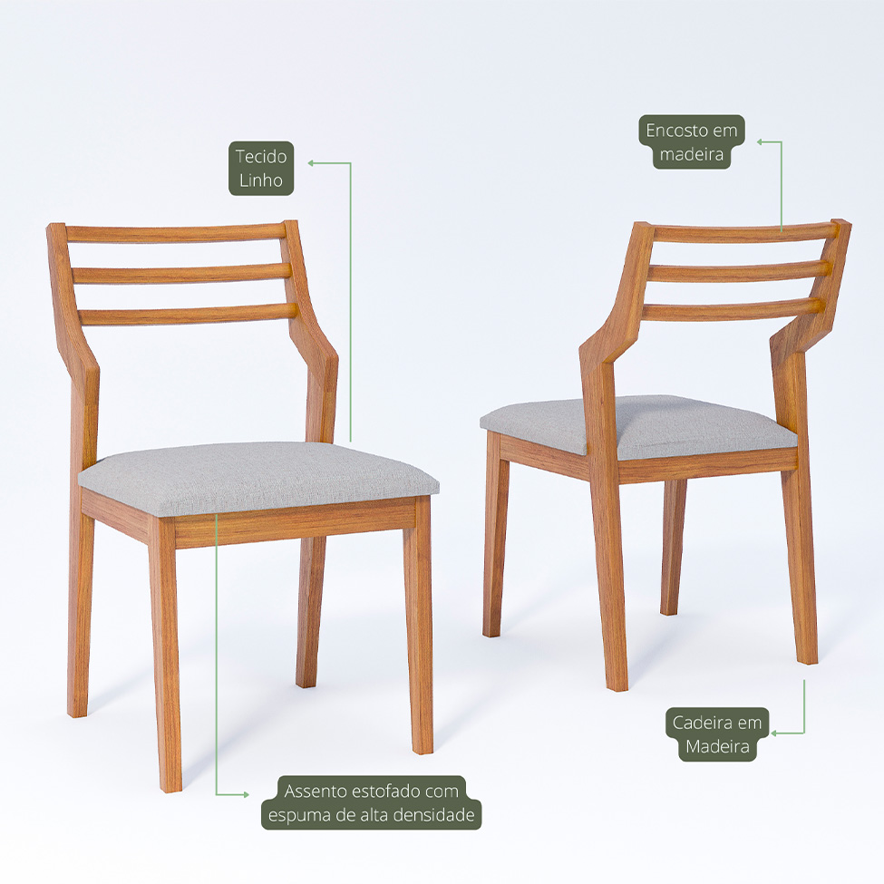 Conjunto de Mesa Retangular com Tampo de Vidro Off White Bromélia e 4 Cadeiras Damasco Linho Cinza e Madeira 130 cm