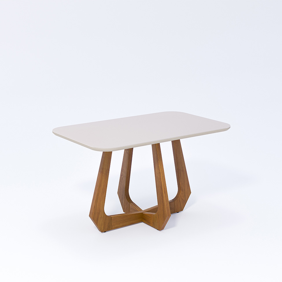 Conjunto de Mesa Retangular com Tampo de Vidro Off White Bromélia e 4 Cadeiras Damasco Linho Cinza e Madeira 130 cm