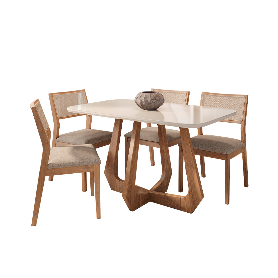 Conjunto de Mesa Retangular com Tampo de Vidro Off White Bromélia e 4 Cadeiras Oiti Linho Bege e Madeira 130 cm