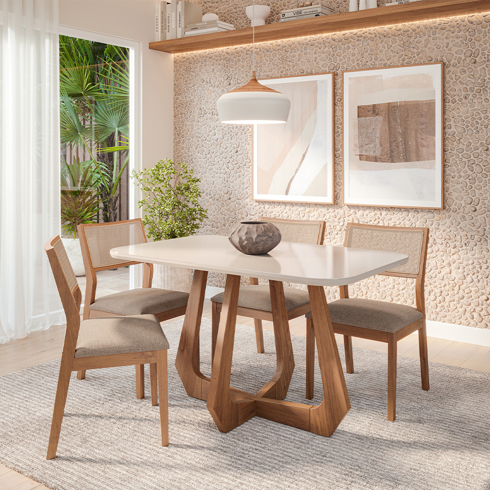 Conjunto de Mesa Retangular com Tampo de Vidro Off White Bromélia e 4 Cadeiras Oiti Linho Bege e Madeira 130 cm