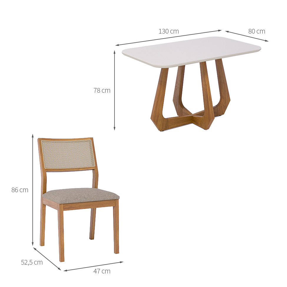 Conjunto de Mesa Retangular com Tampo de Vidro Off White Bromélia e 4 Cadeiras Oiti Linho Bege e Madeira 130 cm
