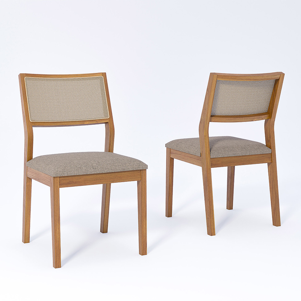 Conjunto de Mesa Retangular com Tampo de Vidro Off White Bromélia e 4 Cadeiras Oiti Linho Bege e Madeira 130 cm