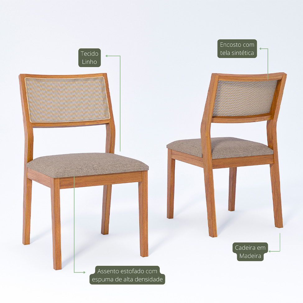 Conjunto de Mesa Retangular com Tampo de Vidro Off White Bromélia e 4 Cadeiras Oiti Linho Bege e Madeira 130 cm