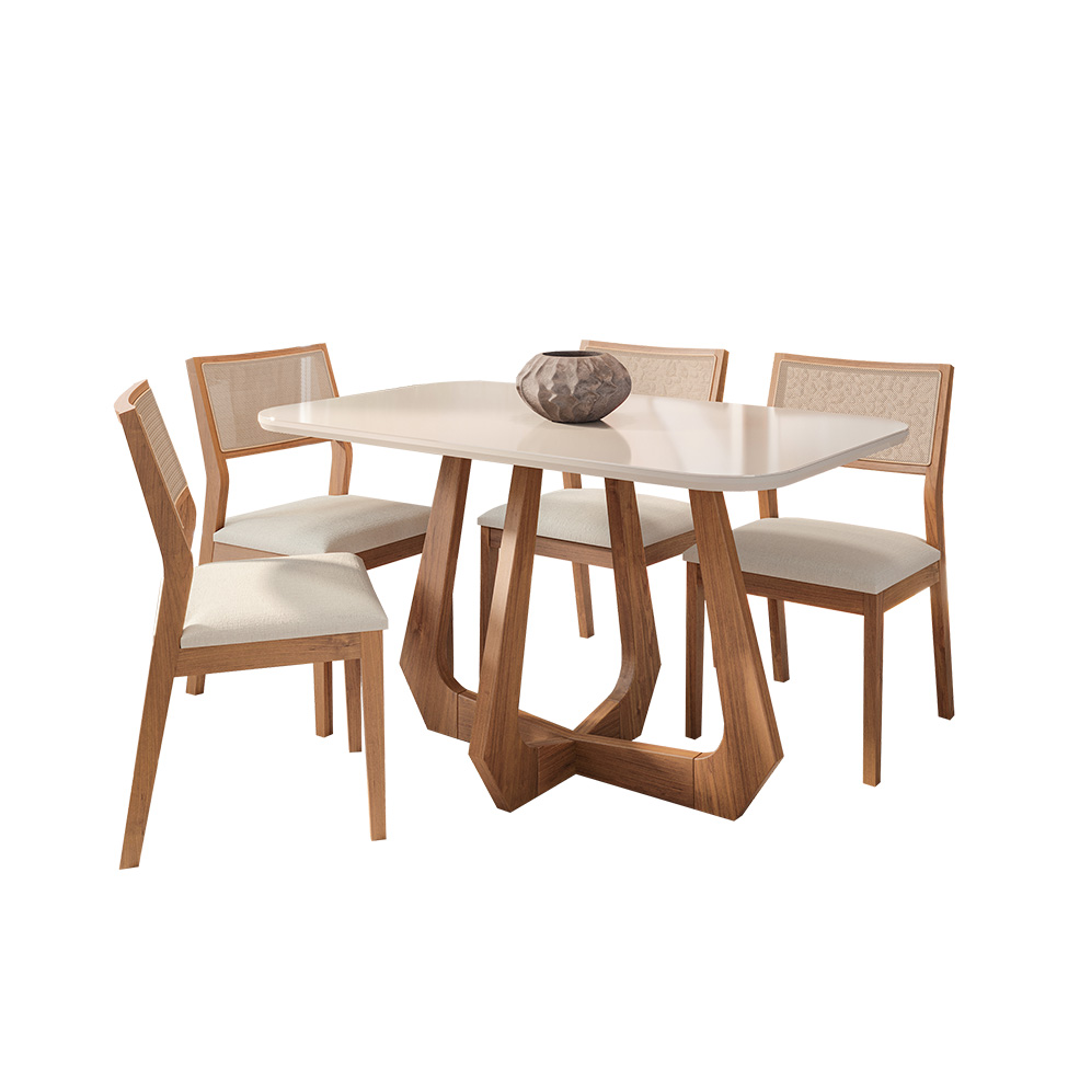 Conjunto de Mesa Retangular com Tampo de Vidro Off White Bromélia e 4 Cadeiras Oiti Linho Cru e Madeira 130 cm