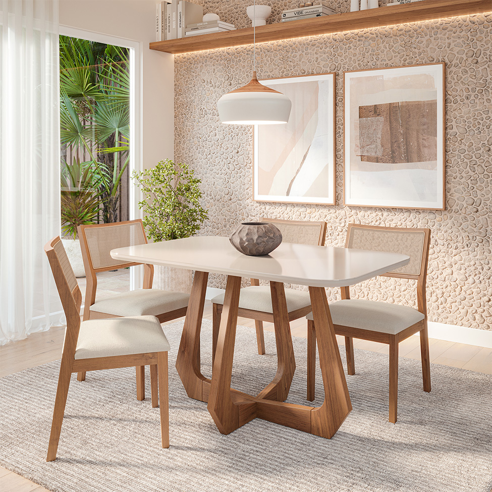 Conjunto de Mesa Retangular com Tampo de Vidro Off White Bromélia e 4 Cadeiras Oiti Linho Cru e Madeira 130 cm