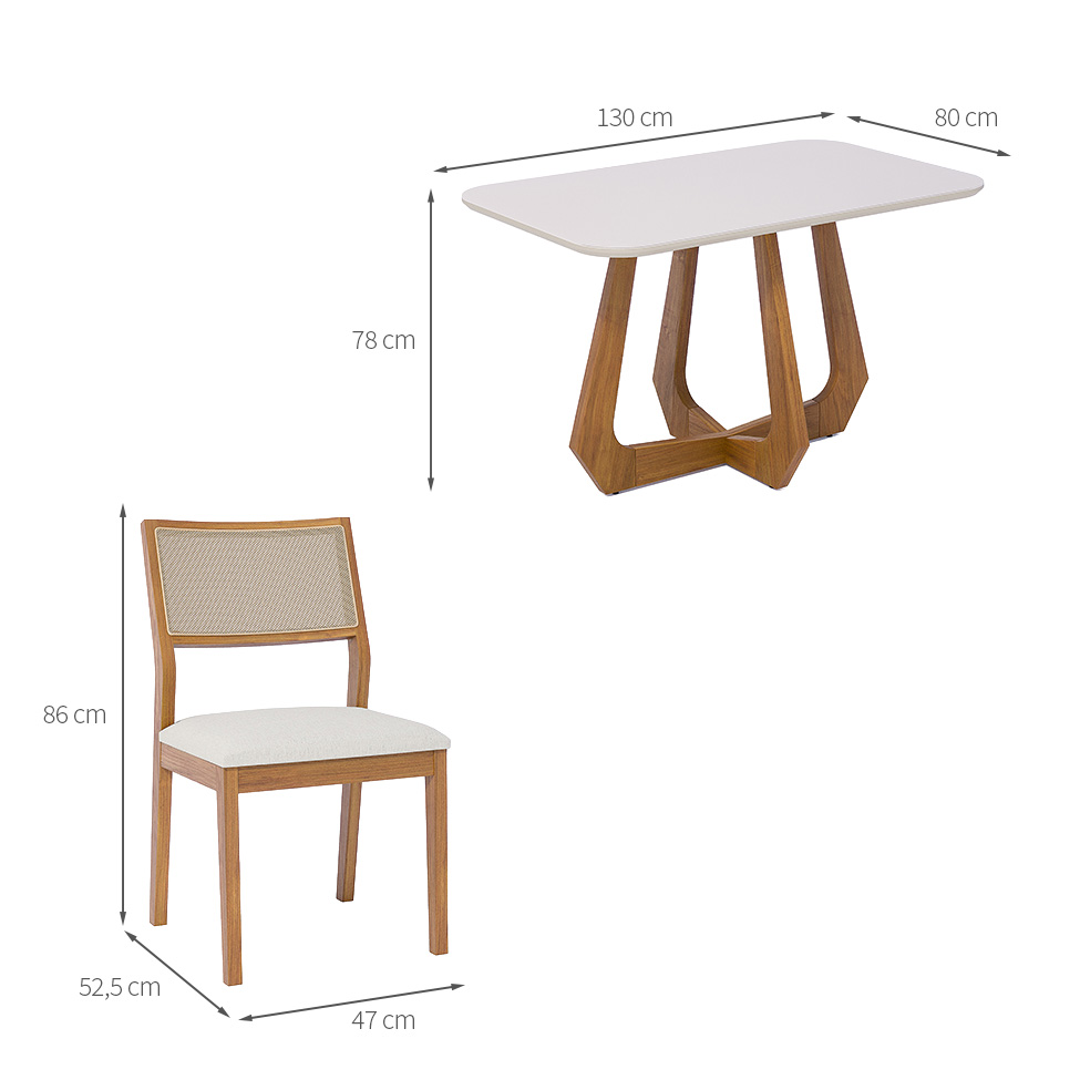 Conjunto de Mesa Retangular com Tampo de Vidro Off White Bromélia e 4 Cadeiras Oiti Linho Cru e Madeira 130 cm
