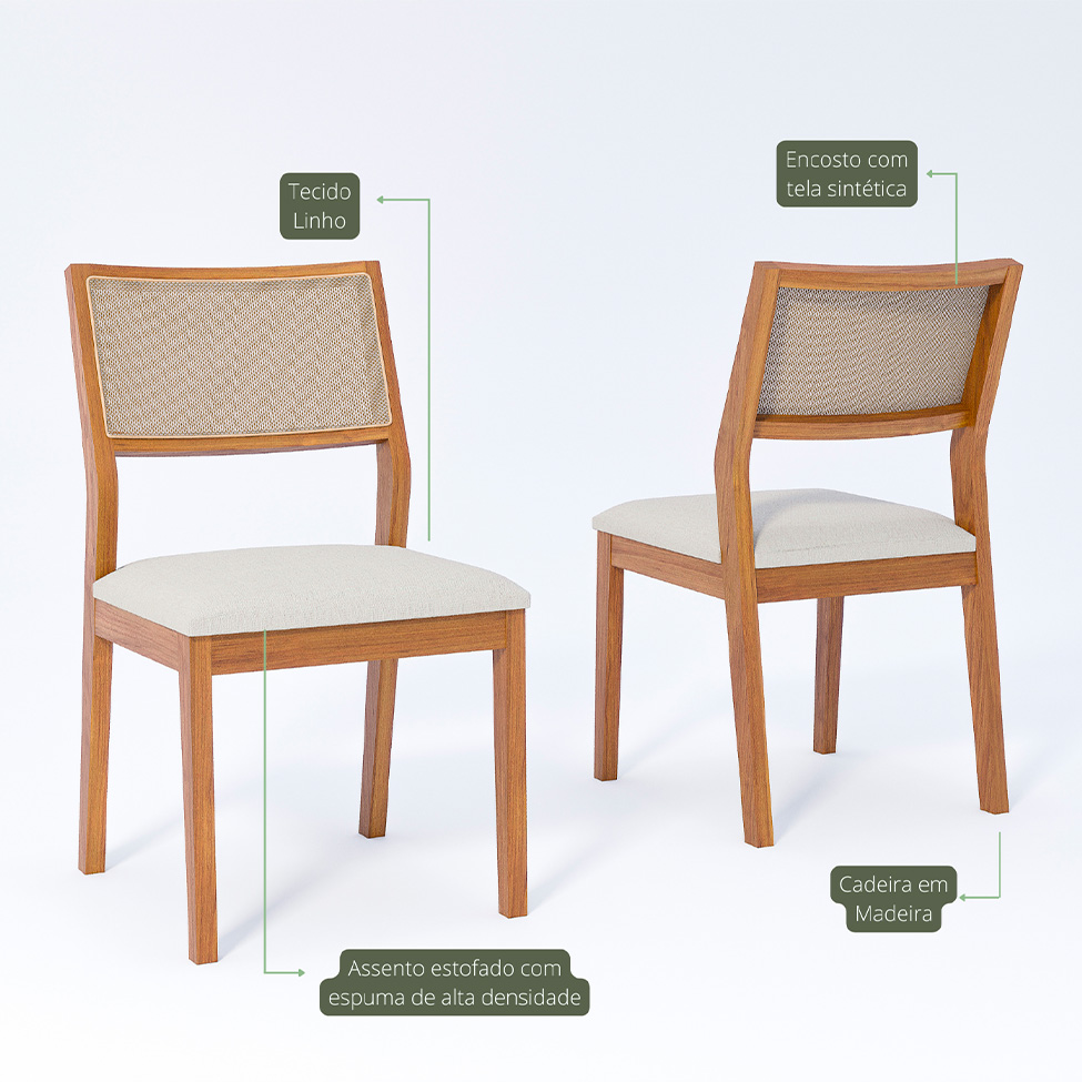 Conjunto de Mesa Retangular com Tampo de Vidro Off White Bromélia e 4 Cadeiras Oiti Linho Cru e Madeira 130 cm