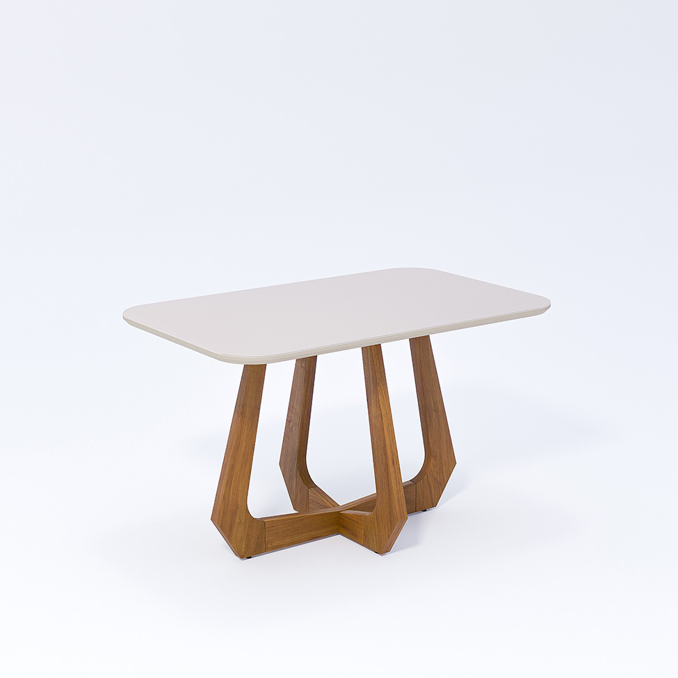 Conjunto de Mesa Retangular com Tampo de Vidro Off White Bromélia e 4 Cadeiras Oiti Linho Cru e Madeira 130 cm