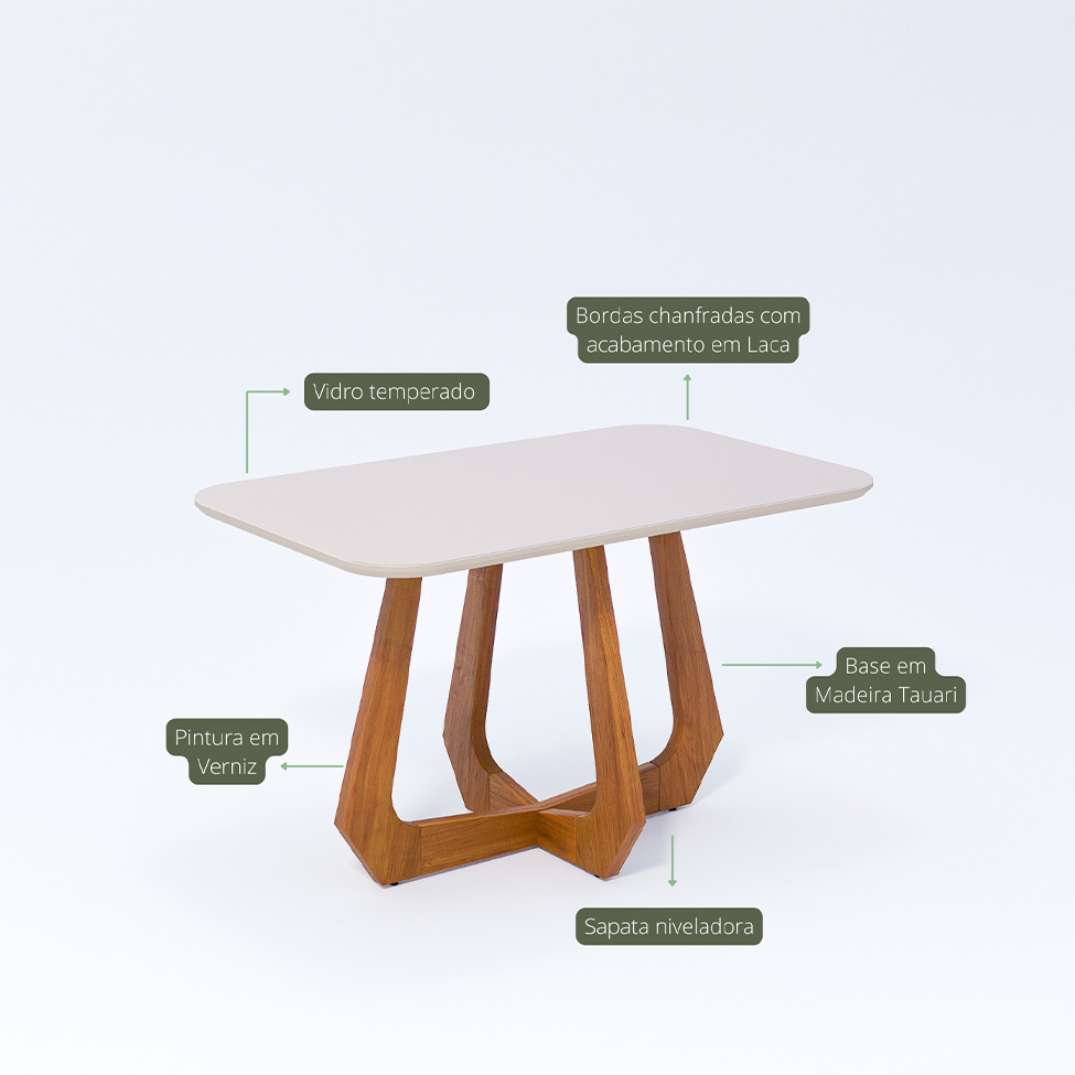 Conjunto de Mesa Retangular com Tampo de Vidro Off White Bromélia e 4 Cadeiras Oiti Linho Cru e Madeira 130 cm