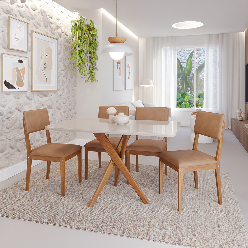 Conjunto de Mesa Retangular com Tampo de Vidro Off White Cacau e 4 Cadeiras Sabiá Revestimento Sintético Marrom e Cinamomo