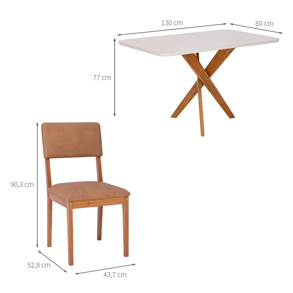 Conjunto de Mesa Retangular com Tampo de Vidro Off White Cacau e 4 Cadeiras Sabiá Revestimento Sintético Marrom e Cinamomo