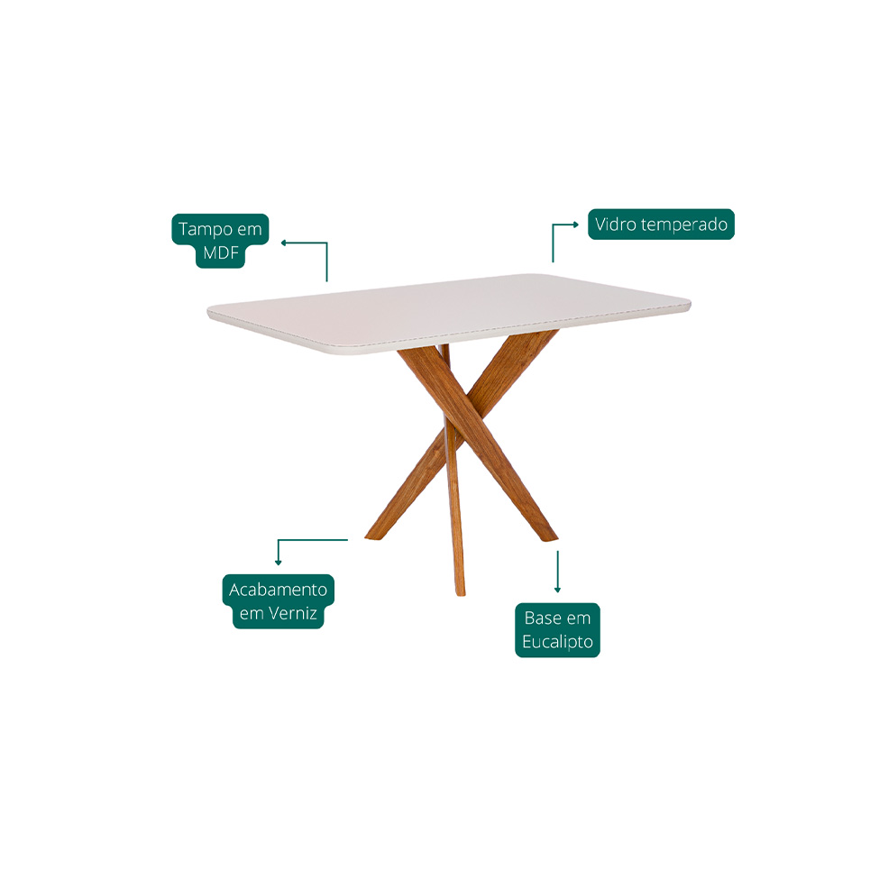 Conjunto de Mesa Retangular com Tampo de Vidro Off White Cacau e 4 Cadeiras Sabiá Revestimento Sintético Marrom e Cinamomo