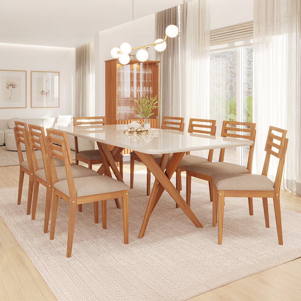 Conjunto de Mesa Retangular com Tampo de Vidro Off White Cacau e 8 Cadeiras Juparanã Linho Grafite e Cinamomo