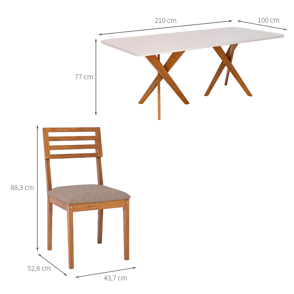 Conjunto de Mesa Retangular com Tampo de Vidro Off White Cacau e 8 Cadeiras Juparanã Linho Grafite e Cinamomo