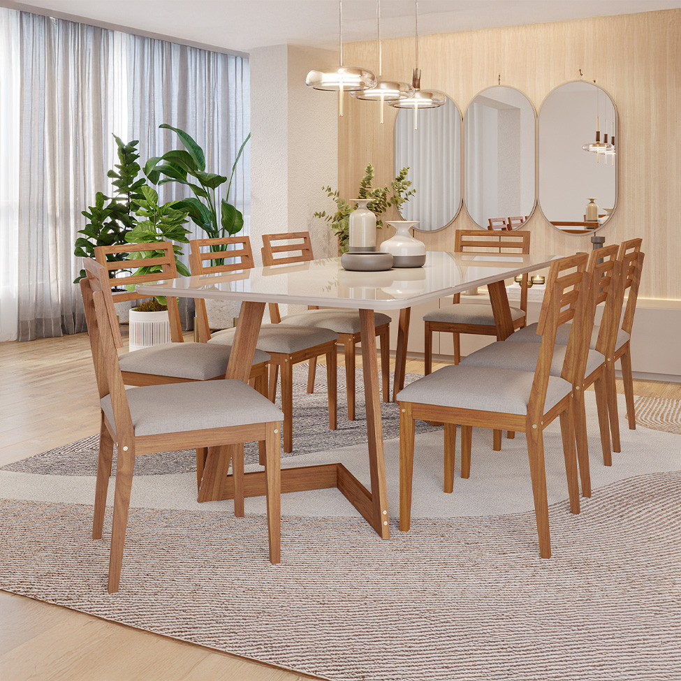 Conjunto de Mesa Retangular com Tampo de Vidro Off White Caju e 8 Cadeiras Juparanã Linho Bege e Cinamomo