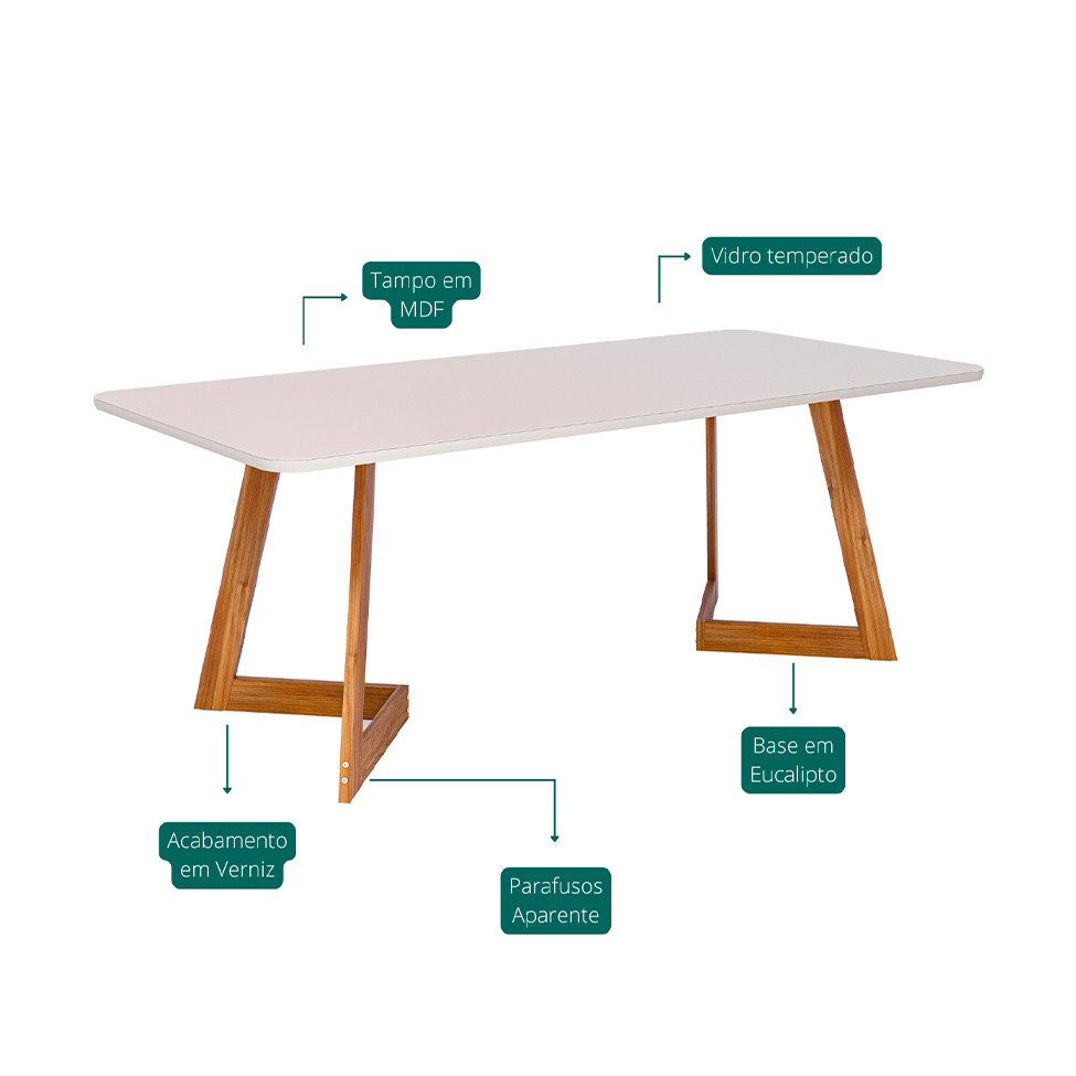 Conjunto de Mesa Retangular com Tampo de Vidro Off White Caju e 8 Cadeiras Juparanã Linho Bege e Cinamomo