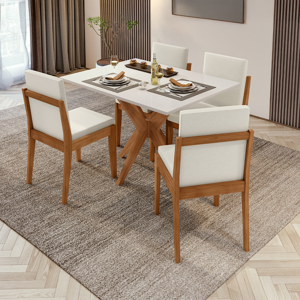 Conjunto de Mesa Retangular com Tampo de Vidro Off White Donna e 4 Cadeiras Lady Polipropileno Cru e Natural