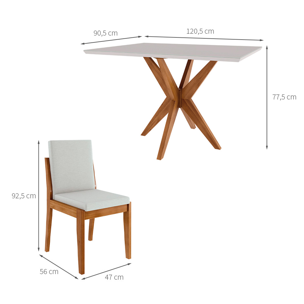 Conjunto de Mesa Retangular com Tampo de Vidro Off White Donna e 4 Cadeiras Lady Polipropileno Cru e Natural