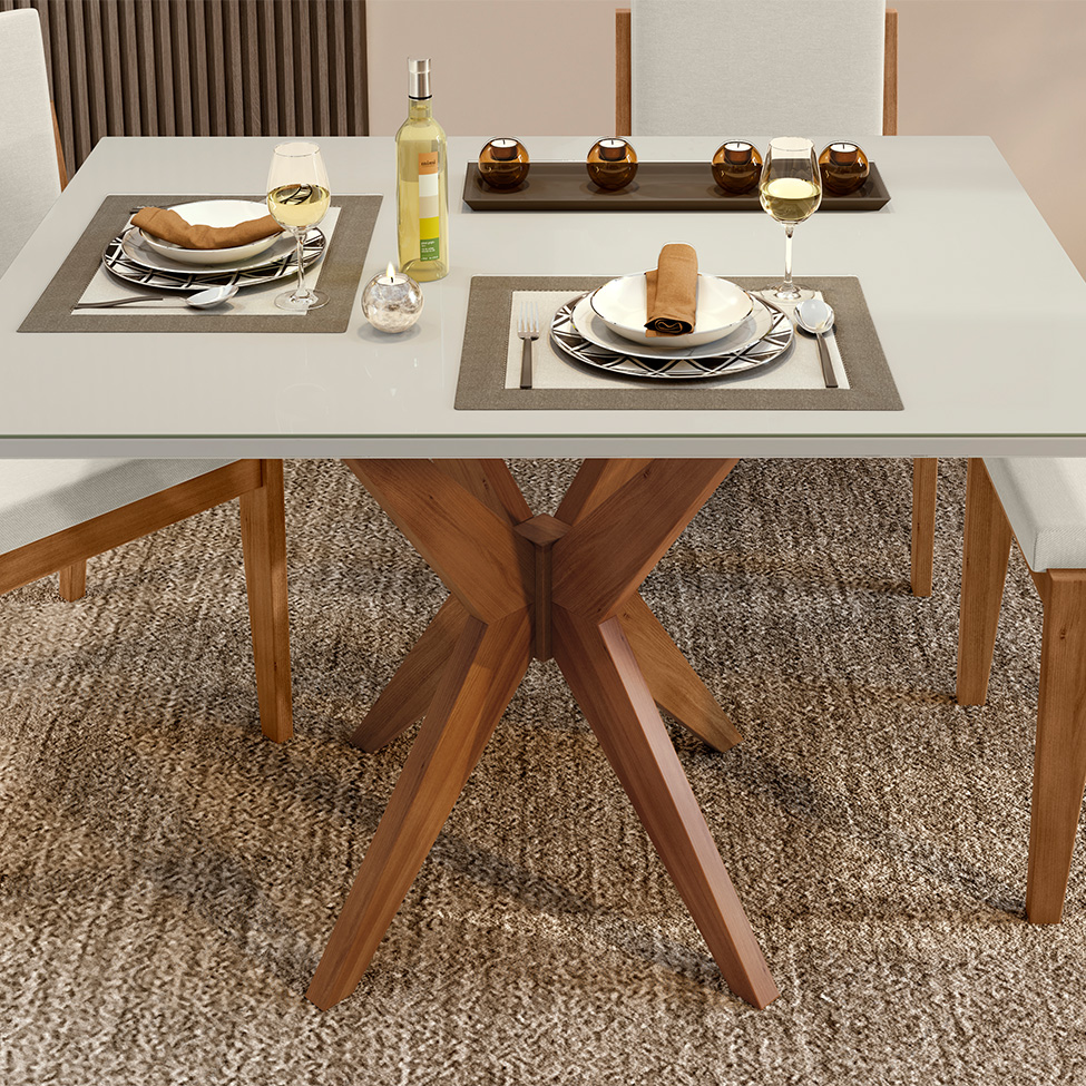 Conjunto de Mesa Retangular com Tampo de Vidro Off White Donna e 4 Cadeiras Lady Polipropileno Cru e Natural