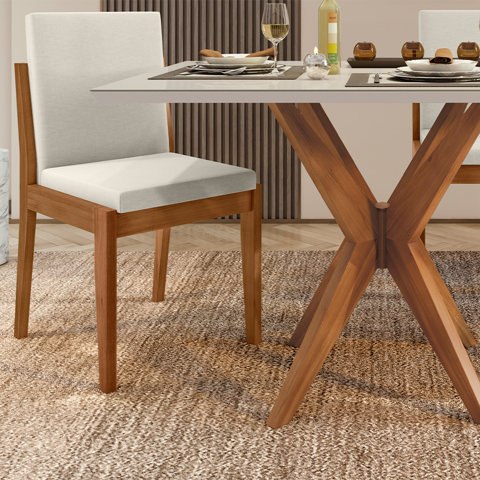 Conjunto de Mesa Retangular com Tampo de Vidro Off White Donna e 4 Cadeiras Lady Polipropileno Cru e Natural