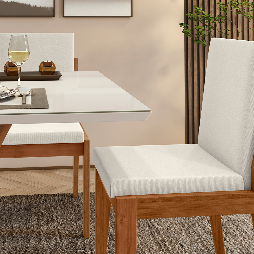 Conjunto de Mesa Retangular com Tampo de Vidro Off White Donna e 4 Cadeiras Lady Polipropileno Cru e Natural