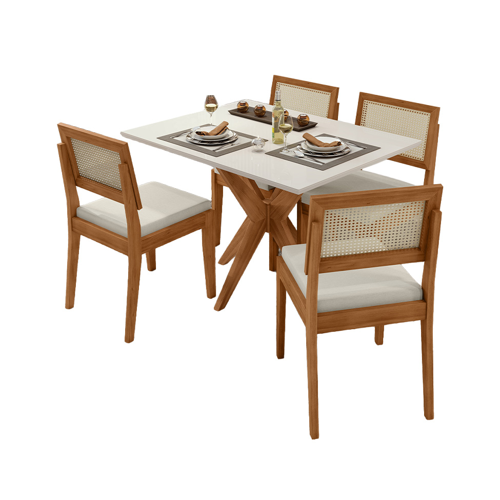 Conjunto de Mesa Retangular com Tampo de Vidro Off White Donna e 4 Cadeiras Rainha Polipropileno Cru e Natural