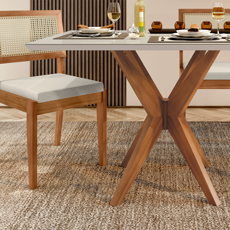 Conjunto de Mesa Retangular com Tampo de Vidro Off White Donna e 4 Cadeiras Rainha Polipropileno Cru e Natural