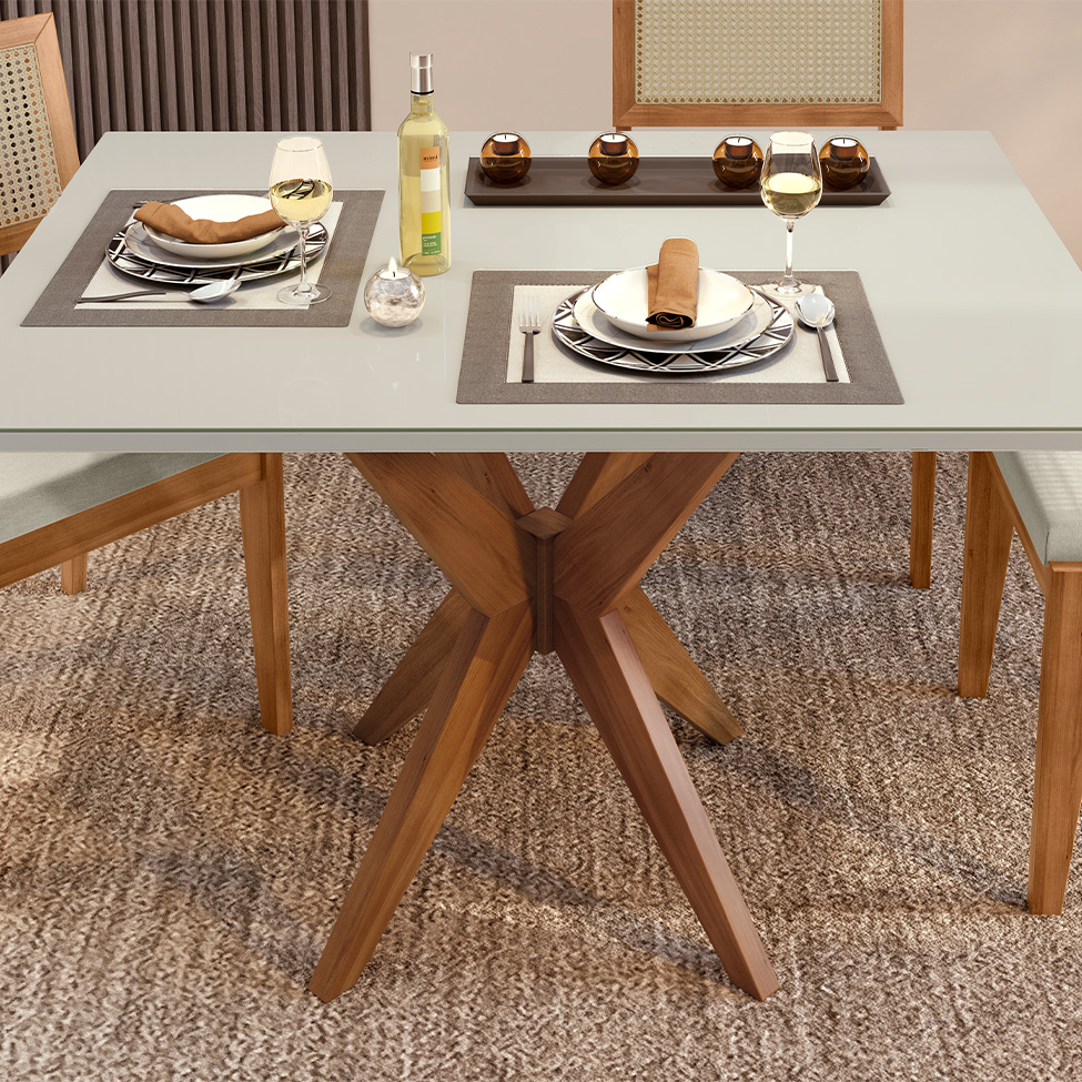 Conjunto de Mesa Retangular com Tampo de Vidro Off White Donna e 4 Cadeiras Rainha Polipropileno Cru e Natural