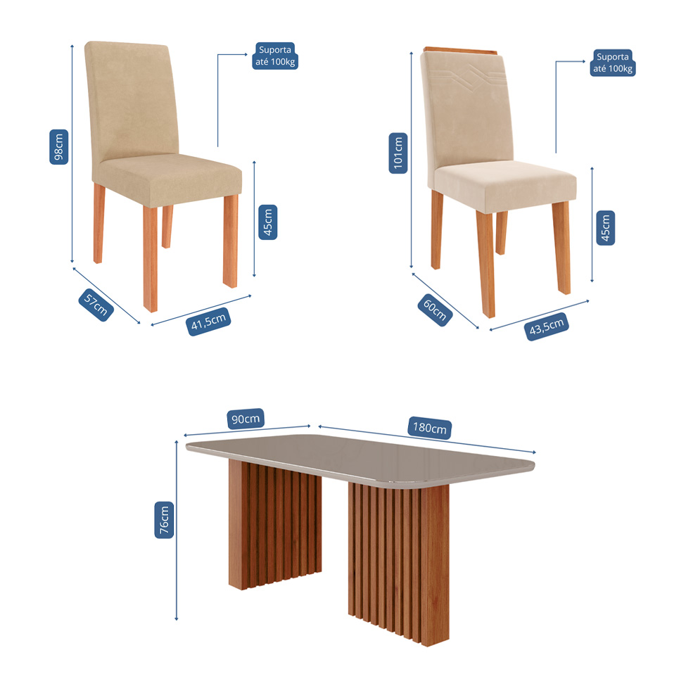 Conjunto de Mesa Retangular com Tampo de Vidro Off White Ester e 6 Cadeiras Tais e Maia Suede Bege e Amadeirado