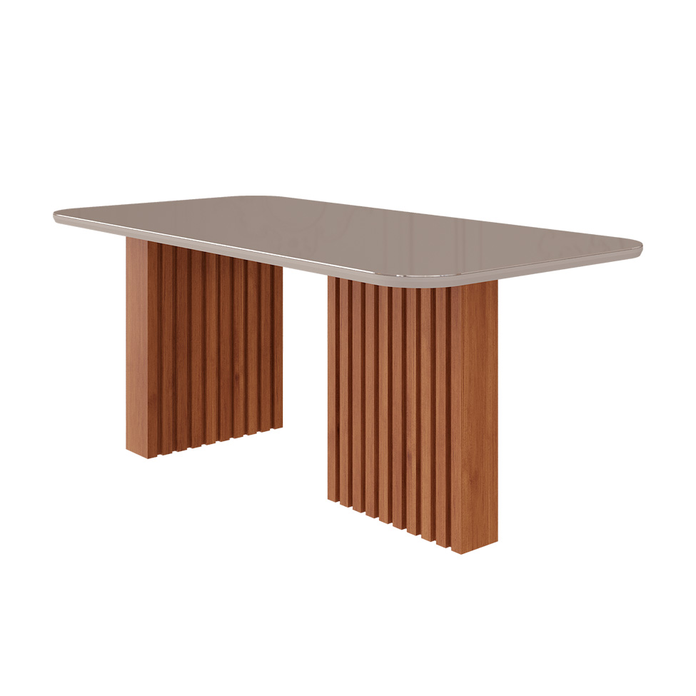 Conjunto de Mesa Retangular com Tampo de Vidro Off White Ester e 6 Cadeiras Tais e Maia Suede Bege e Amadeirado
