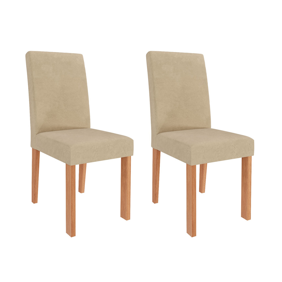 Conjunto de Mesa Retangular com Tampo de Vidro Off White Ester e 6 Cadeiras Tais e Maia Suede Bege e Amadeirado