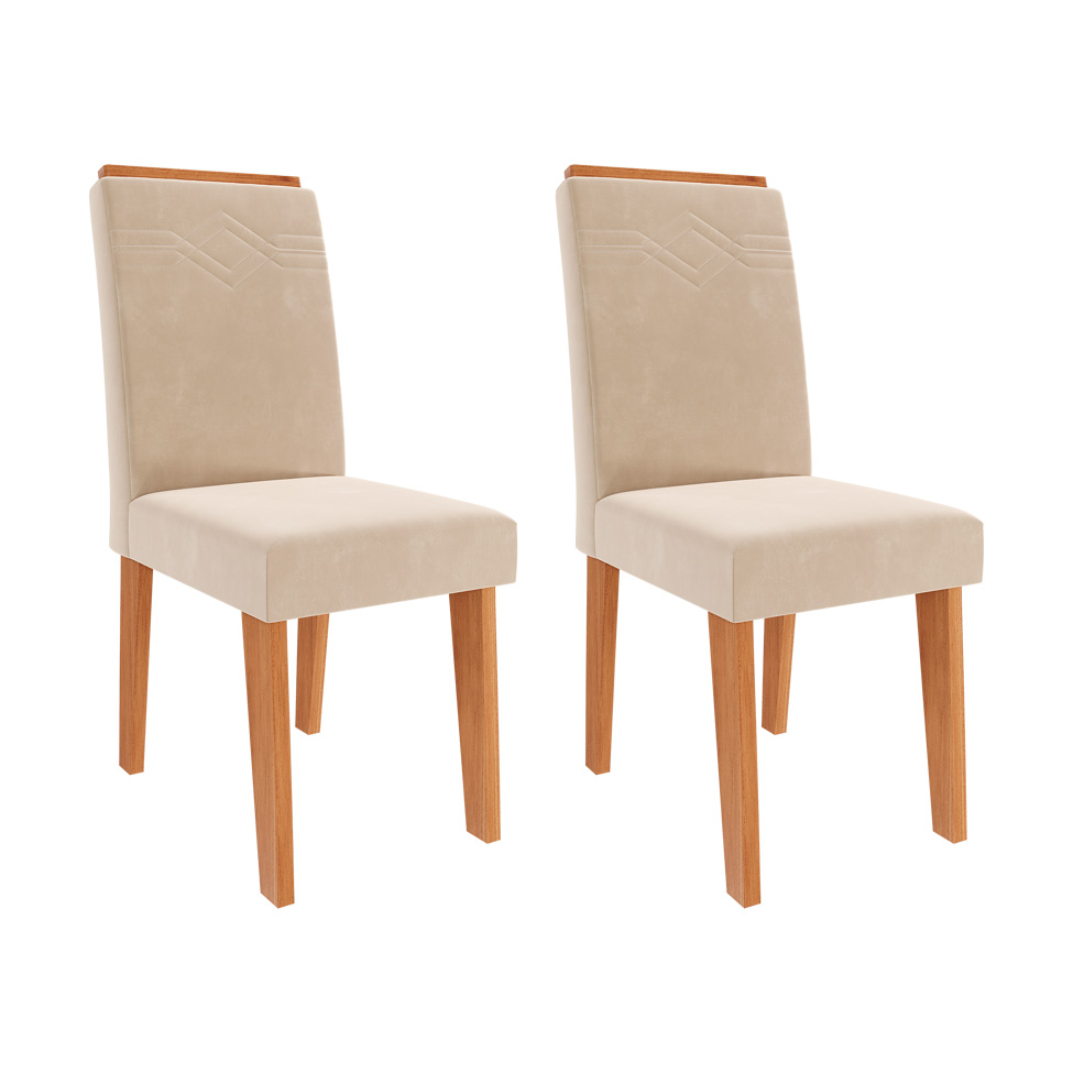 Conjunto de Mesa Retangular com Tampo de Vidro Off White Ester e 6 Cadeiras Tais e Maia Suede Bege e Amadeirado