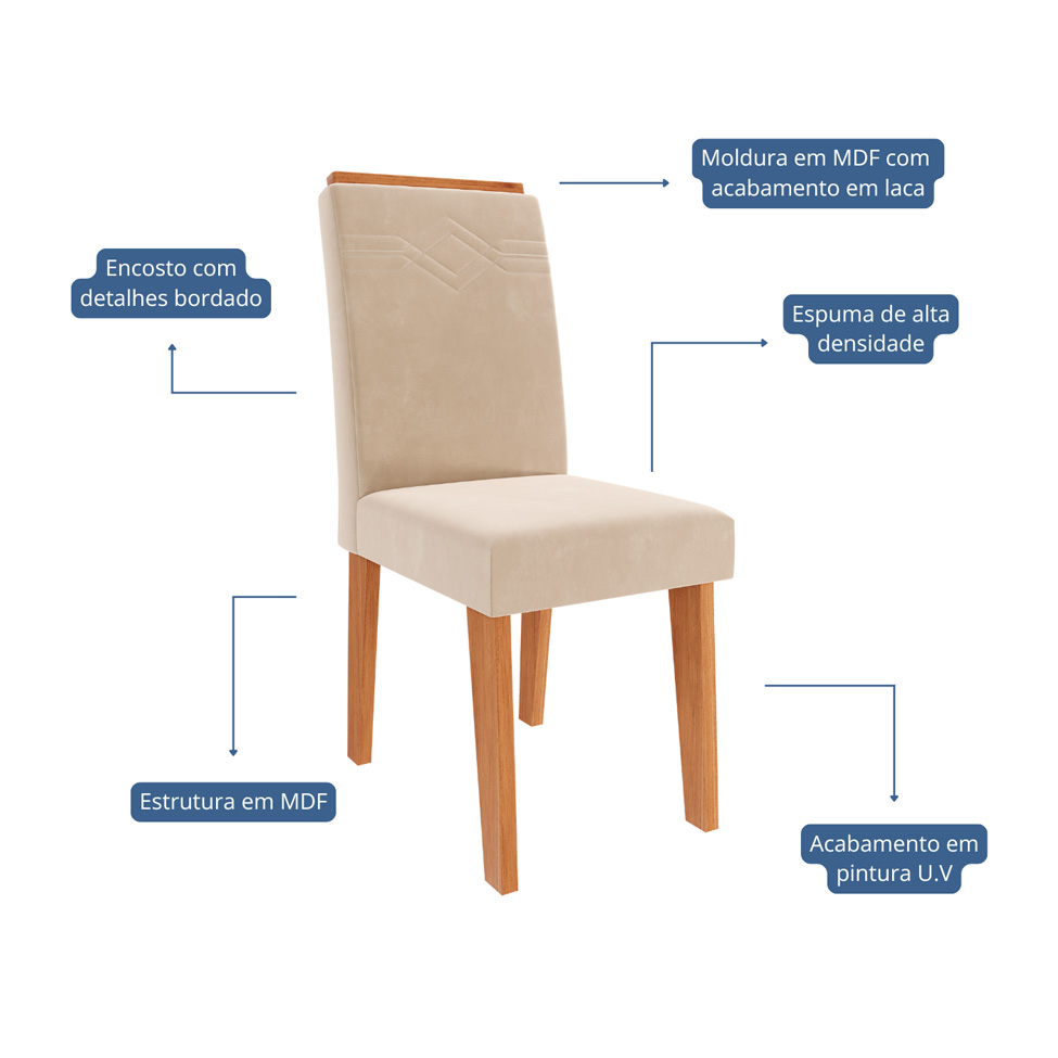 Conjunto de Mesa Retangular com Tampo de Vidro Off White Ester e 6 Cadeiras Tais e Maia Suede Bege e Amadeirado