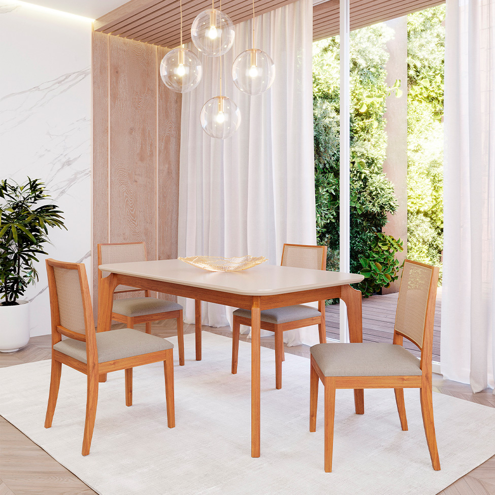 Conjunto de Mesa Retangular com Tampo de Vidro Off White Ficus e 4 Cadeiras Buriti Linho Cinza e Madeira 130 cm