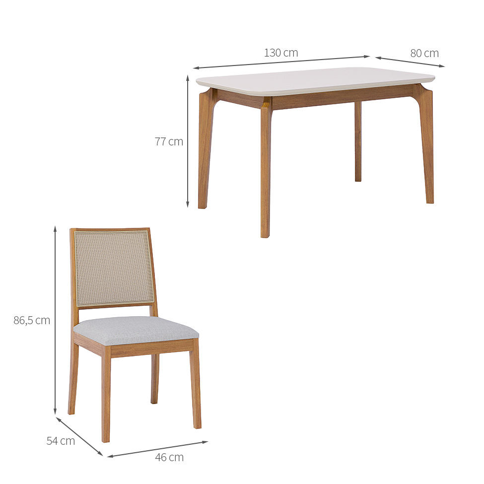 Conjunto de Mesa Retangular com Tampo de Vidro Off White Ficus e 4 Cadeiras Buriti Linho Cinza e Madeira 130 cm