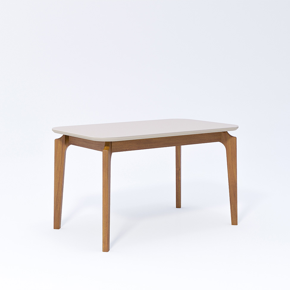 Conjunto de Mesa Retangular com Tampo de Vidro Off White Ficus e 4 Cadeiras Buriti Linho Cinza e Madeira 130 cm
