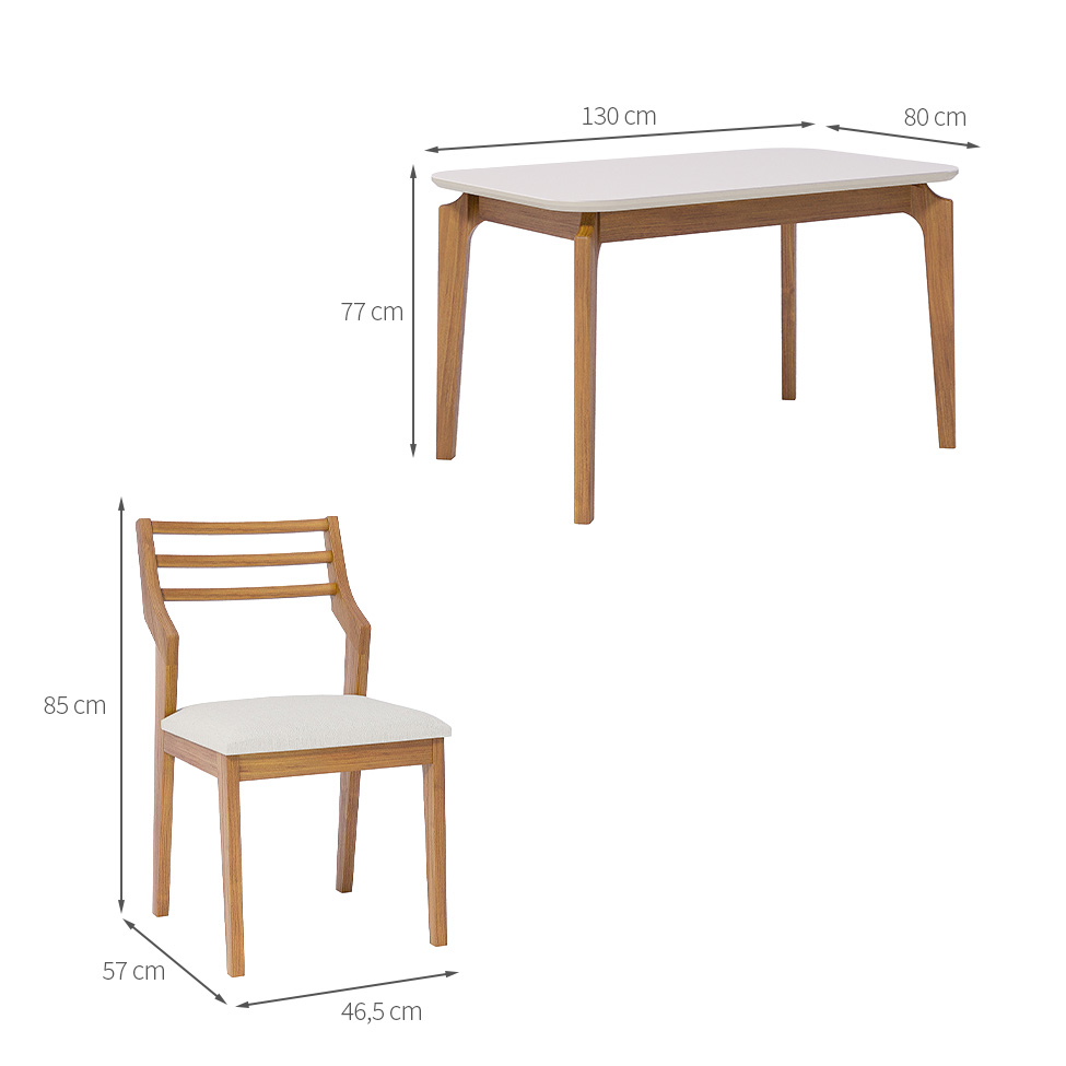 Conjunto de Mesa Retangular com Tampo de Vidro Off White Ficus e 4 Cadeiras Damasco Linho Cru e Madeira 130 cm
