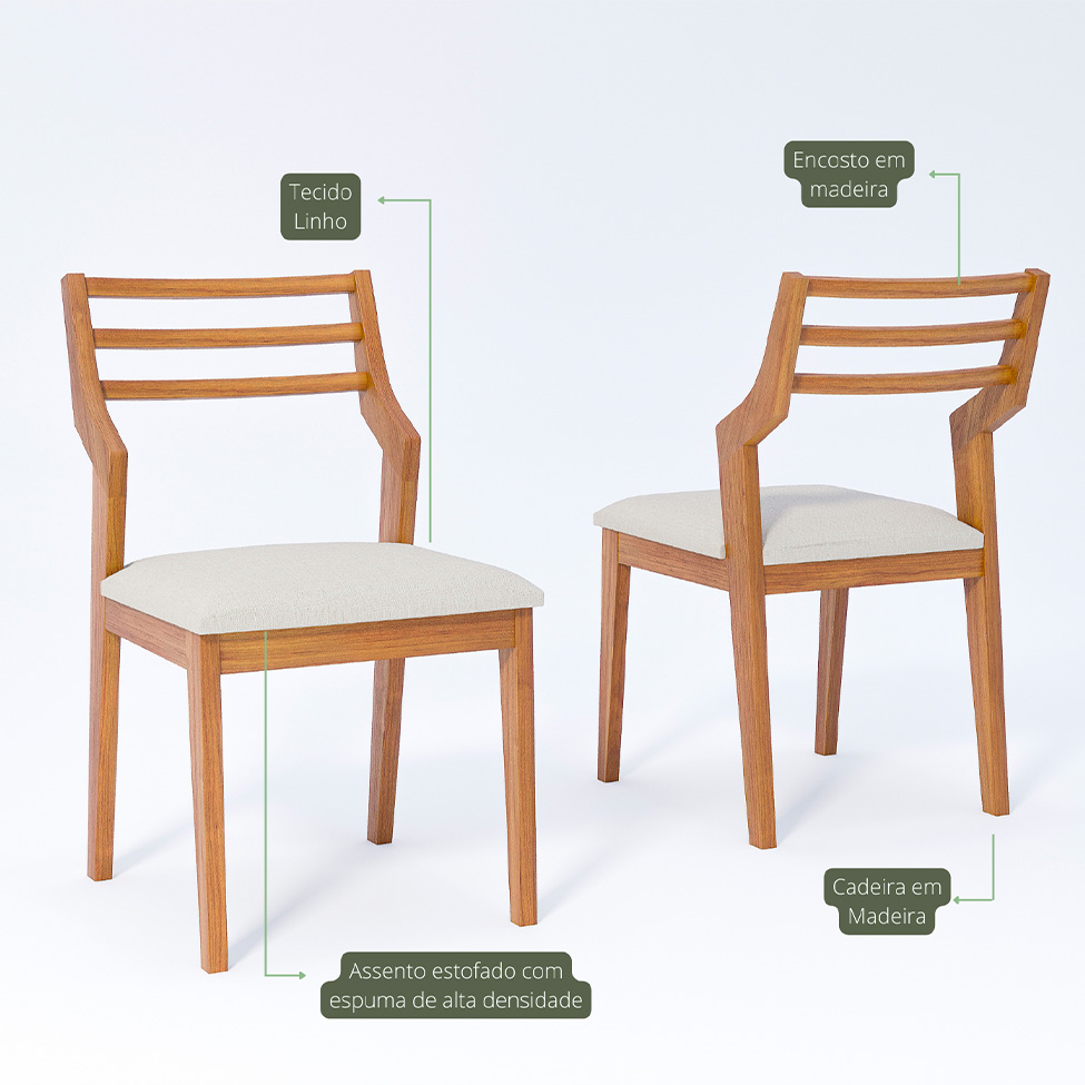 Conjunto de Mesa Retangular com Tampo de Vidro Off White Ficus e 4 Cadeiras Damasco Linho Cru e Madeira 130 cm