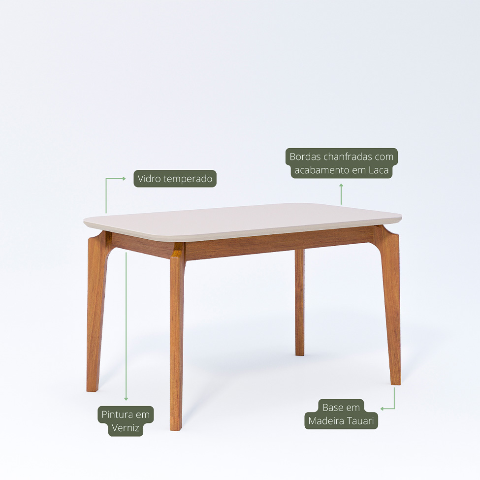 Conjunto de Mesa Retangular com Tampo de Vidro Off White Ficus e 4 Cadeiras Damasco Linho Cru e Madeira 130 cm