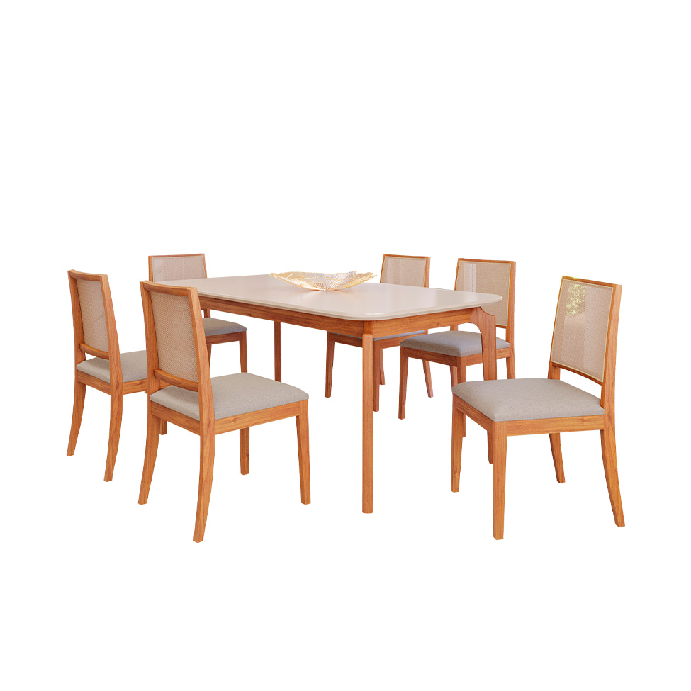 Conjunto de Mesa Retangular com Tampo de Vidro Off White Ficus e 6 Cadeiras Buriti Linho Cinza e Madeira 180 cm