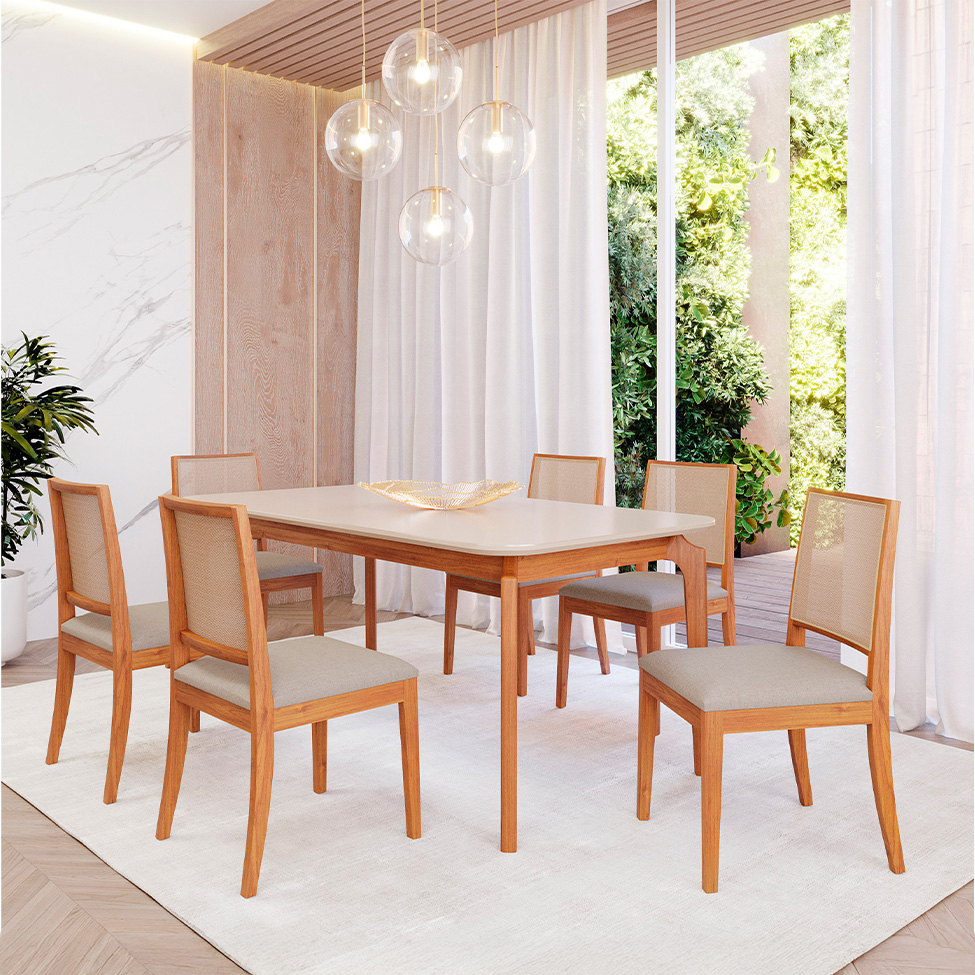 Conjunto de Mesa Retangular com Tampo de Vidro Off White Ficus e 6 Cadeiras Buriti Linho Cinza e Madeira 180 cm