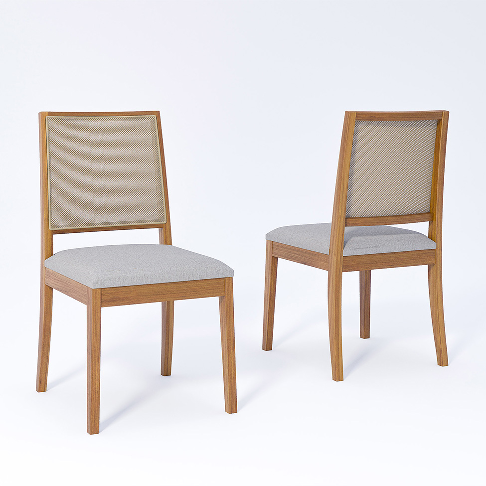 Conjunto de Mesa Retangular com Tampo de Vidro Off White Ficus e 6 Cadeiras Buriti Linho Cinza e Madeira 180 cm