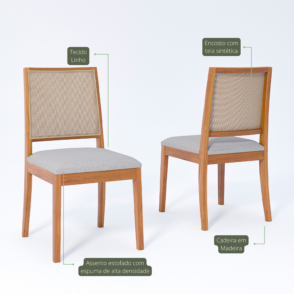 Conjunto de Mesa Retangular com Tampo de Vidro Off White Ficus e 6 Cadeiras Buriti Linho Cinza e Madeira 180 cm