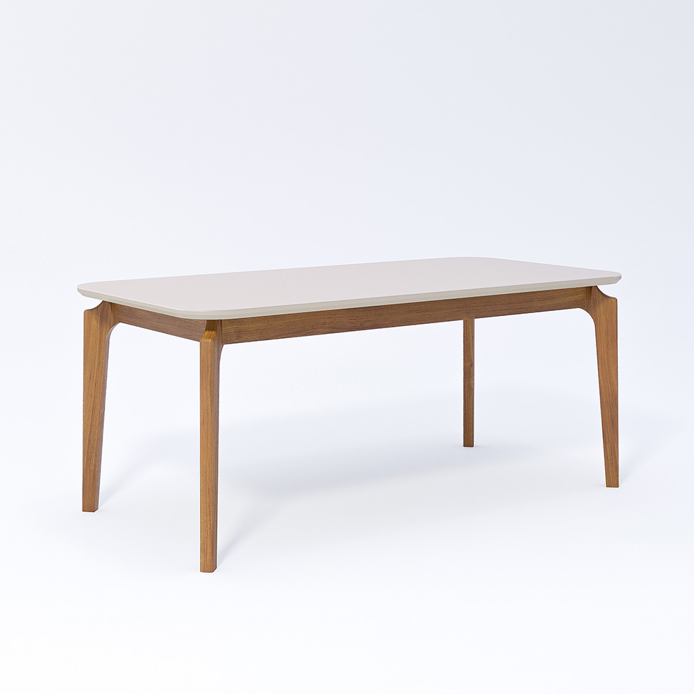 Conjunto de Mesa Retangular com Tampo de Vidro Off White Ficus e 6 Cadeiras Buriti Linho Cinza e Madeira 180 cm