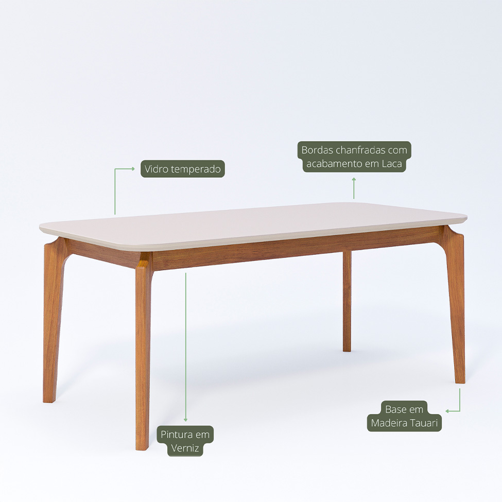 Conjunto de Mesa Retangular com Tampo de Vidro Off White Ficus e 6 Cadeiras Buriti Linho Cinza e Madeira 180 cm