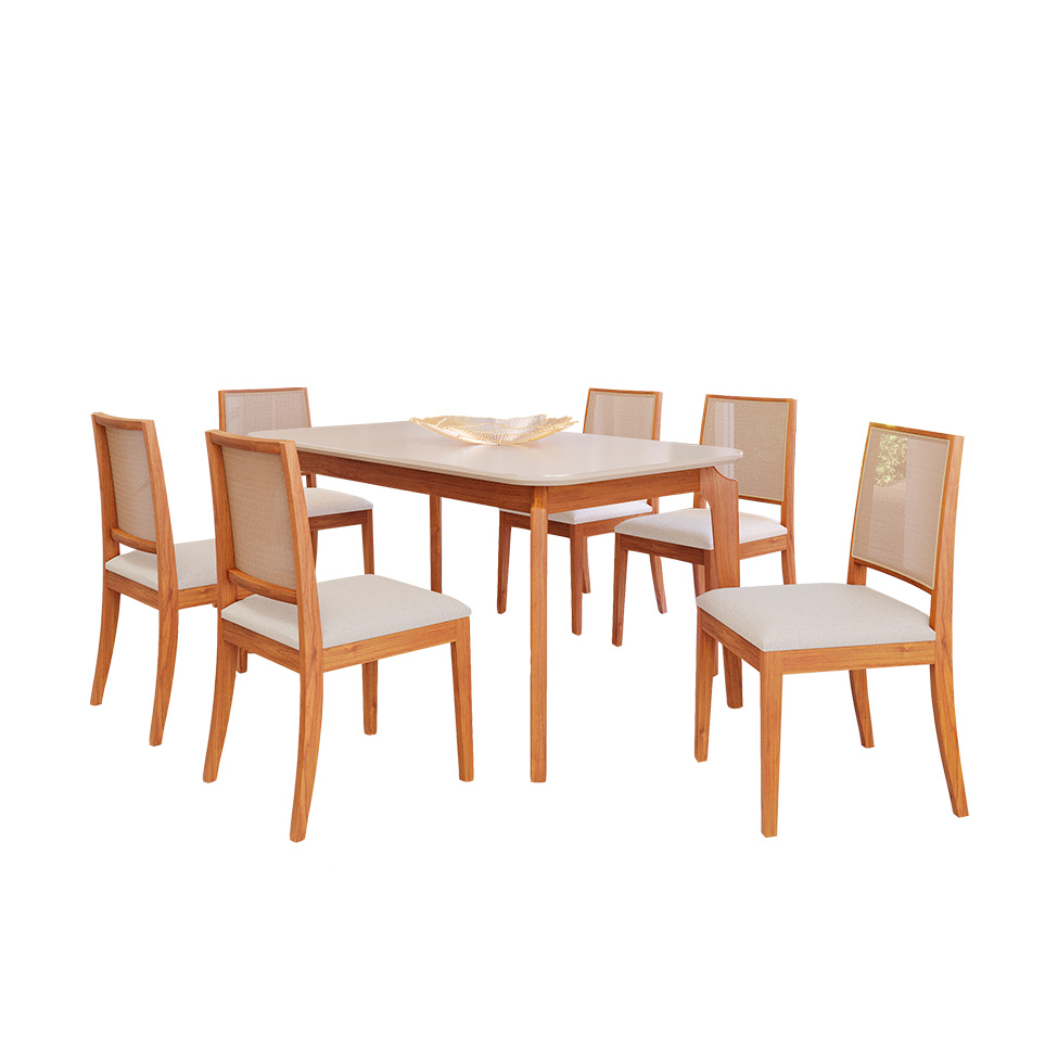 Conjunto de Mesa Retangular com Tampo de Vidro Off White Ficus e 6 Cadeiras Buriti Linho Cru e Madeira 160 cm