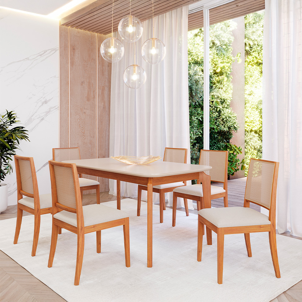 Conjunto de Mesa Retangular com Tampo de Vidro Off White Ficus e 6 Cadeiras Buriti Linho Cru e Madeira 160 cm